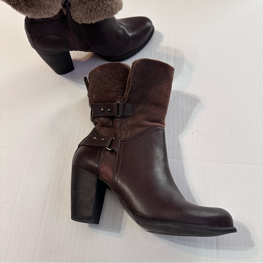 UGG Jayne Brown Leather Sheepskin Cuff Stout Fashion Ankle Boot Womens Size 8